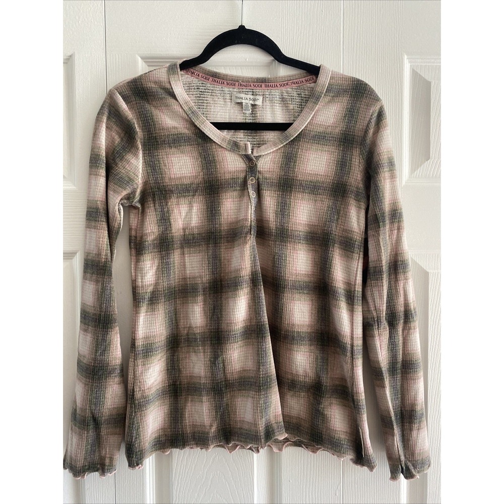 Thalia Sodi Urban Plaid Henley Top Womens Size M Pink Green Waffle Knit Thermal